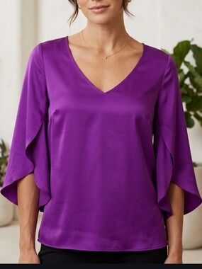 Milly Purple Butterfly Sleeve V-Neck Silk Top Size 8